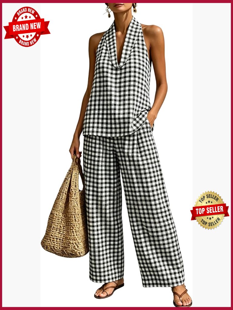 Gingham 2 Piece Set Halter Top High Waist Pants With Pockets